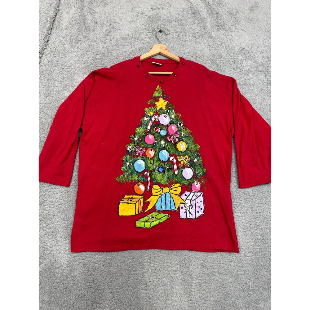 Focus Christmas Shirt Womens 1X Red Abstract Xmas Tree Graphic Ugly Grandmacore